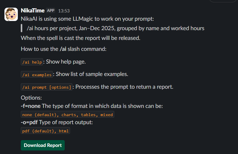NikaTime AI slash command in Slack generating a project hours report with download option
