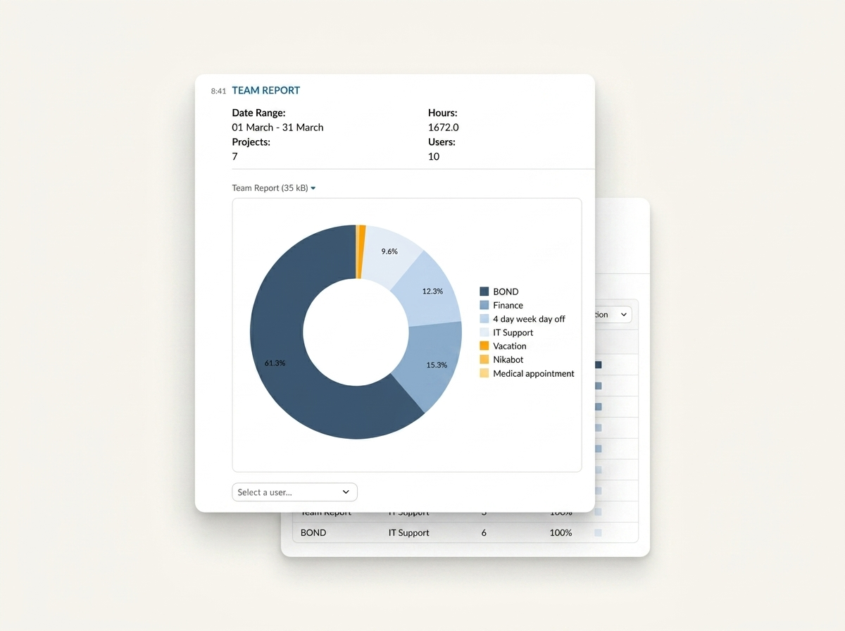 NikaTime team report card showing project distribution donut chart with hours and date range summary